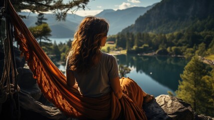 Woman relaxing in a hammock overlooking a mountain lake in summer. woman sitting on the edge of the mountain. Generative Ai