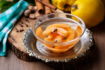 Quince compote. Compote or compote is a type of dessert prepared by boiling fruits with sugar water. Turkish name; ayva kompostosu