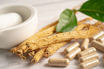 Ginseng, dried vegetable herb. Healthy food famous export food in Korea country.