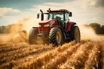 Red tractor with large wheels driving along harvested wheat field farm machine at farmland