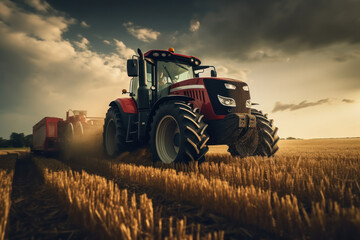 Agricultural Success: Tractor Combine Harvester Gathering Cereals.