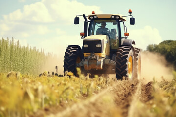 Crop Harvesting: Tractor Combine Harvester at Work in Cereal Field.