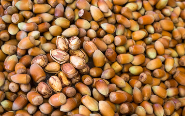 Hazelnuts. Stack of hazelnuts. Food background. Hazelnut background