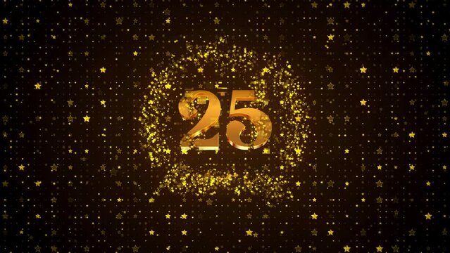 Luxury Motion View Golden Shiny Happy 25th Anniversary Logo reveal On Golden Brown Twinkle Star Shape Particles Sparkle Pattern Background