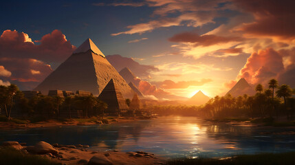 Egyptian pyramid in sand desert at sunset.
The ruins of an ancient temple. Generative AI