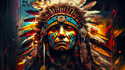 Portrait of native American tribal man in mixed grunge colors. Digital illustration generative AI.