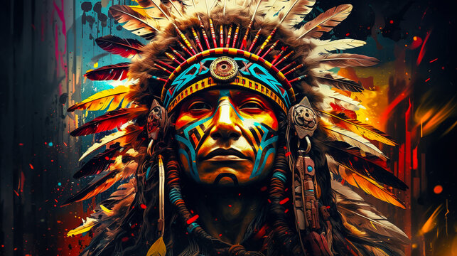 Portrait of native American tribal man in mixed grunge colors. Digital illustration generative AI.