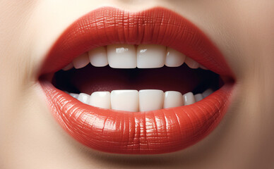 Fototapeta premium Beautiful Woman open mouth with White Teeth and Red Lips: A Captivating Smile