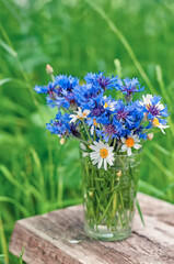 Bouquet of field flowers cornflowers and daisies on a green natural background in the garden.