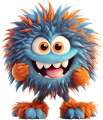 Obraz premium Funny shaggy furry cheerful monster with big eyes and smiling mouth with big white teeth, isolated on transparent background. Children's cartoon character or cute soft toy. Generative AI