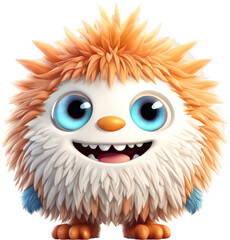 Funny shaggy furry cheerful monster with big eyes and smiling mouth with big white teeth, isolated on transparent background. Children's cartoon character or cute soft toy. Generative AI