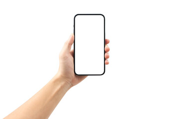 Hand showing smartphone with blank screen isolated on white background.