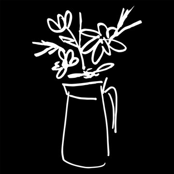 Bouquet of flowers in the vase. Hand drawn linear doodle rough sketch. White silhouette on black background.