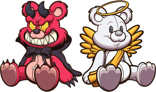 Cartoon Devil And Angel Teddy Bear. Vector illustration with simple gradients.