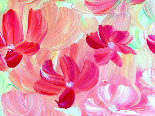 Abstract flowers, original hand drawn, impressionism style, color texture, brush strokes of paint,  art background.