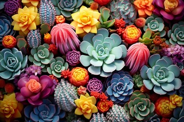 Miniature succulent plants background. Top view succulent cactus, gardening, horticulture theme. Colorful fresh succulents with cacti. Bright colored succulents like bright flowers.