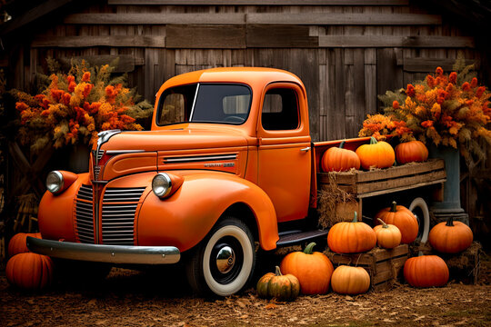old truck on a farm full of pumpkins