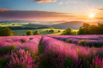 Fototapeta na wymiar lavender field at sunset generated ai