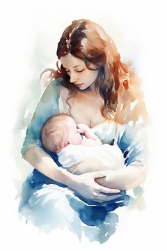 Colored watercolor illustration mother nursing baby. Woman breastfeeding a baby, isolated watercolor illustration. World Breastfeeding Week. Healthy motherhood, newborn baby.
