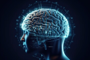 Holographic Brain: Futuristic AI and Deep Learning. Photo generative AI