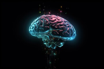 Holographic human brain on black backdrop. Photo generative AI