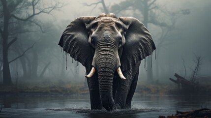elephant comes out of the fog