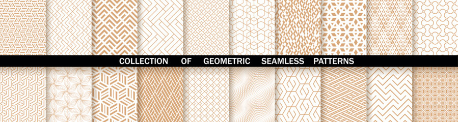 Geometric set of seamless gold and white patterns. Simpless vector graphics