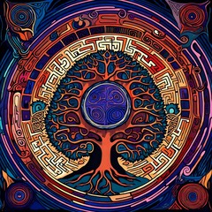 An epic-like psychedelic labyrinth tree of life with a mighty tree trunk.