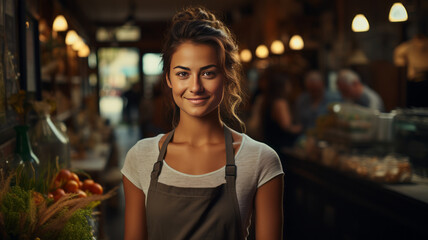 Portrait of happy woman standing at doorway of her store. Cheerful mature waitress waiting for clients at coffee shop.