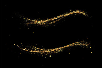 Gold glitter abstract waves on a black background, the set waves gold glitters.