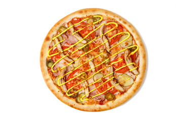 pizza with chicken, bacon and jalapeno on a white background for a restaurant website