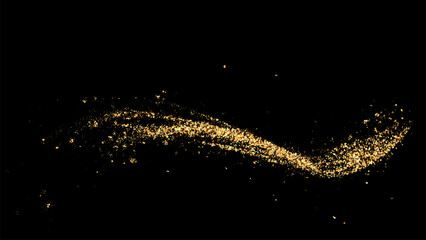 Fototapeta premium Shiny abstract wave flow, golden wave design element with glitter effect on black background.