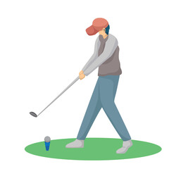 Young Man Swinging with Golf Club, Male Golfer Player Playing Golf on Course, Outdoor Sport or Hobby Vector Illustration