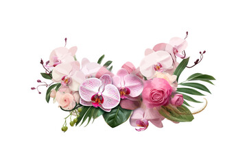 Fototapeta na wymiar Pink rose and orchid flowers with tropical green leaf. Vector illustration design.