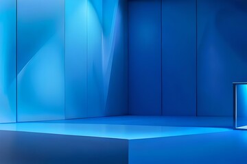 Interior corner wall room blue 3d background of abstract window light stage scene or empty product studio showroom display and blank presentation podium pedestal platform perspective table backdrop