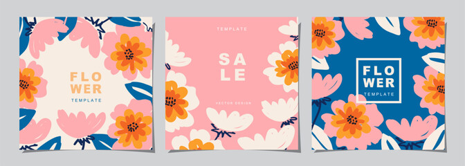 Fototapeta na wymiar Flower template set for poster, card, cover, label, banner in modern minimalist style and simple summer design templates with florals and plants.