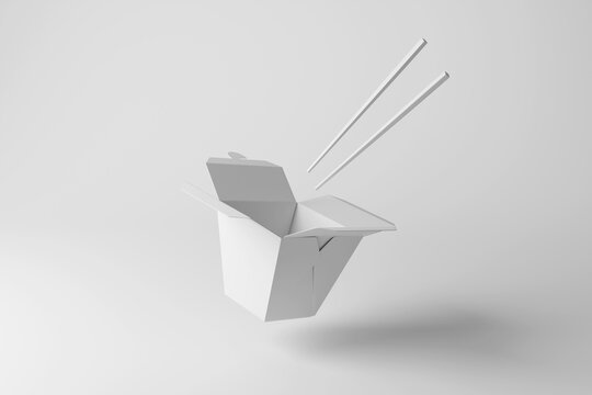 Takeaway Box Of Chinese Cuisine With Chopsticks Floating In Mid Air On White Background In Monochrome And Minimalism. Illustration Of The Concept Of Food Delivery Service