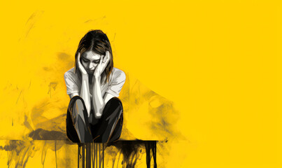 Sadness woman on yellow background illuatration