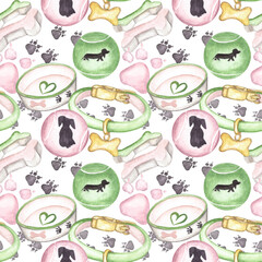 Watercolor illustration of a seamless pattern with accessories for dogs and puppies, with footprints, toys, a ball in pink, green colors on a transparent background