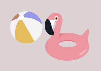 A set of inflatable beach accessories, a ball and a flamingo lifebuoy