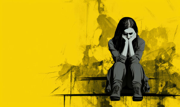 Sadness woman on yellow background illuatration