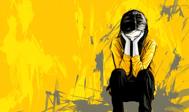 Sadness woman on yellow background illuatration