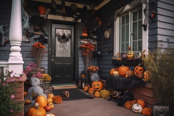 Obraz premium The home's porch is adorned with colorful pumpkins and holiday decorations, creating the perfect atmosphere for Halloween and Thanksgiving celebrations.