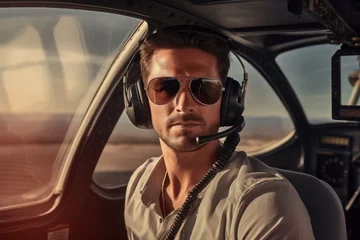 Zelfklevend Fotobehang a handsome american white male model pilot flying a helicopter with headset. beautiful scenic nature view outside of the windows. rich luxury life of a businessman millionaire. Generative AI © SayLi