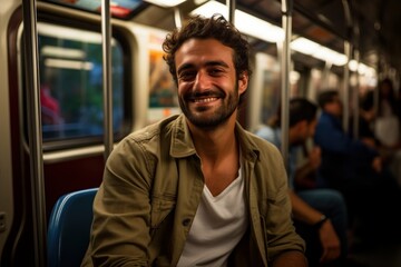 a close-up face handsome white american model passenger man driving a public transport subway metro train underground. people in background. sitting on a seat. drive to railway station. Generative AI