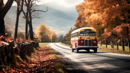 Obraz premium He joyfully drives a school bus down a country road in autumn.