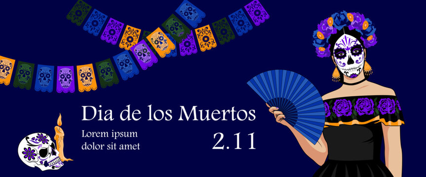 Banner for the day of the dead with the image of a girl.