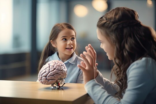 Inquisitive schoolgirl explores the human brain with teacher using a model. Photo generative AI