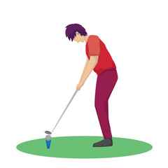 Man Playing Golf, Male Golfer Training with Golf Club on Course, Outdoor Sport or Hobby Vector Illustration