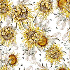 Watercolor seamless pattern with sunflowers and leaves.